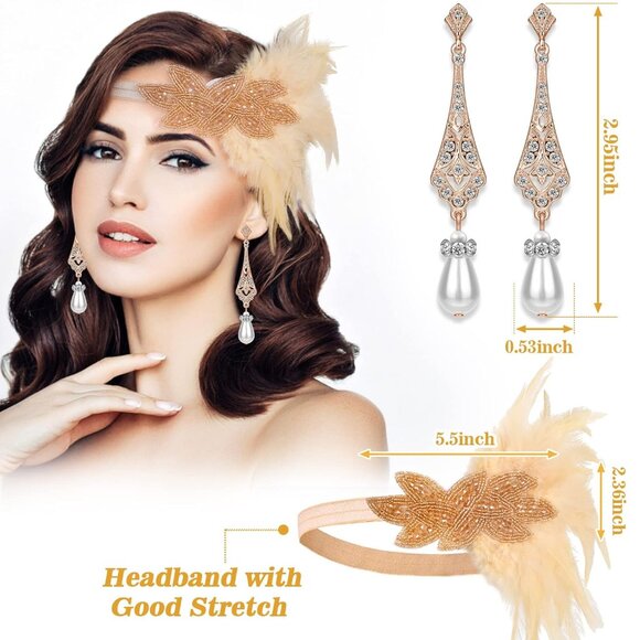 Flapper Accessories 1920s Gatsby Headband Necklace Gloves for Women - Picture 2 of 7